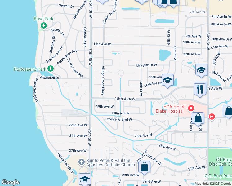 map of restaurants, bars, coffee shops, grocery stores, and more near 7115 Costa Bella Drive in Bradenton