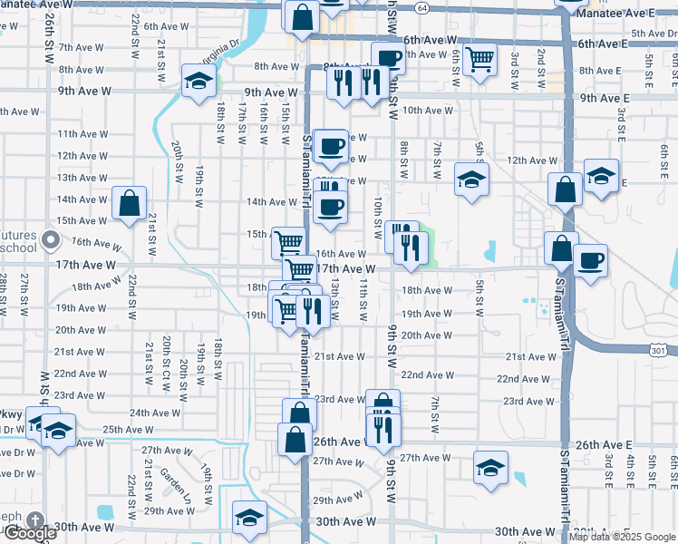 map of restaurants, bars, coffee shops, grocery stores, and more near 1204 17th Avenue West in Bradenton