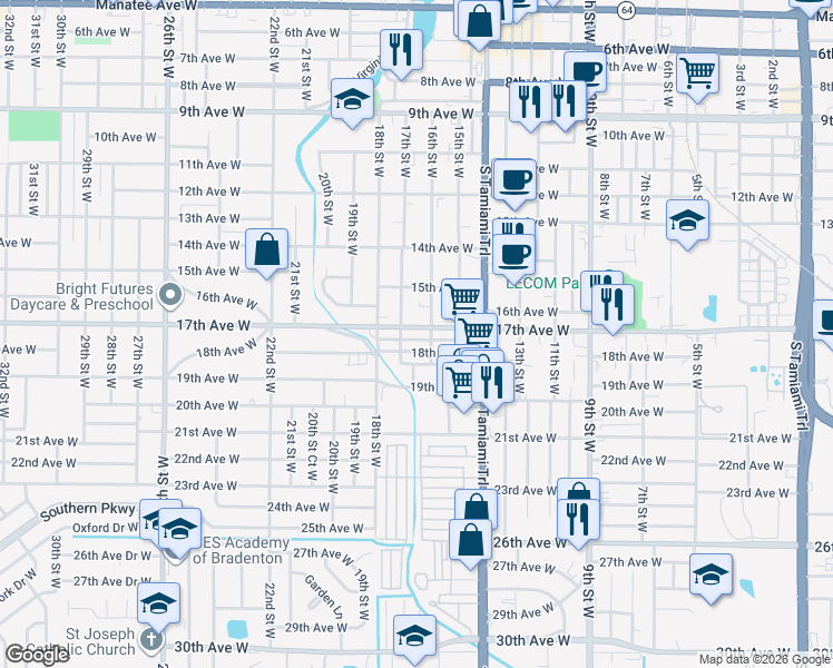 map of restaurants, bars, coffee shops, grocery stores, and more near 1615 17th Avenue West in Bradenton