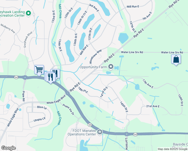 map of restaurants, bars, coffee shops, grocery stores, and more near 1605 Rye Road East in Bradenton