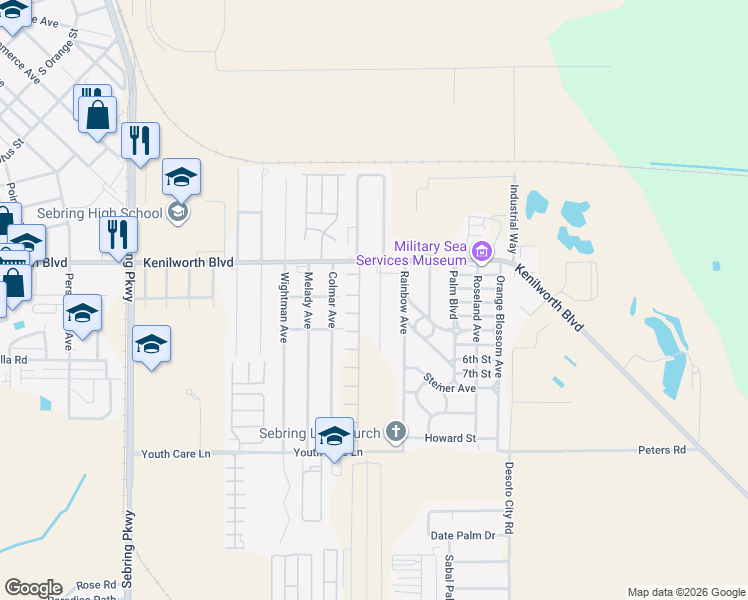 map of restaurants, bars, coffee shops, grocery stores, and more near 1435 Beverly Avenue in Sebring