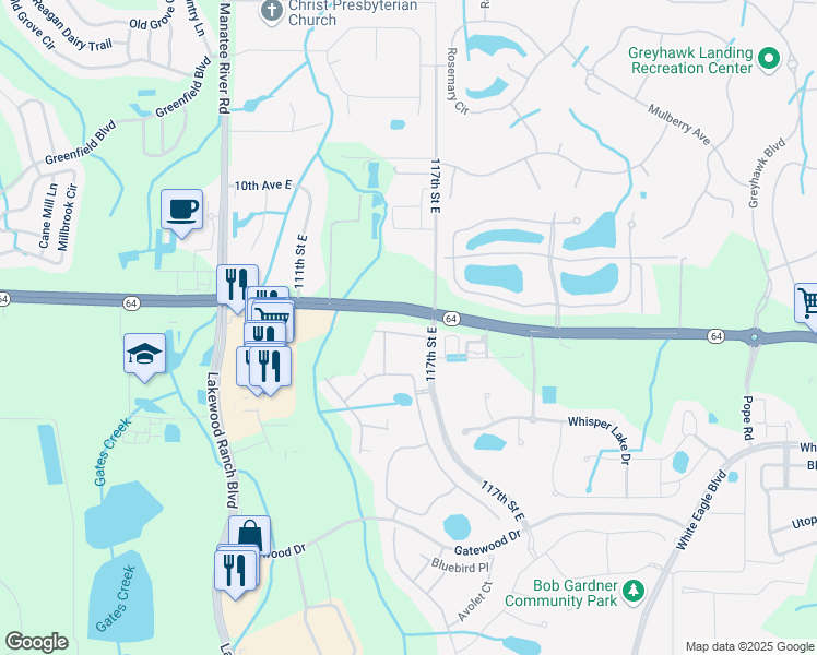 map of restaurants, bars, coffee shops, grocery stores, and more near 695 Florida 64 in Bradenton