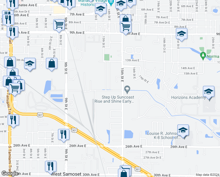 map of restaurants, bars, coffee shops, grocery stores, and more near 1626 14th Street East in Bradenton