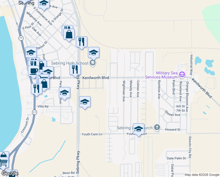 map of restaurants, bars, coffee shops, grocery stores, and more near Penny Avenue in Sebring