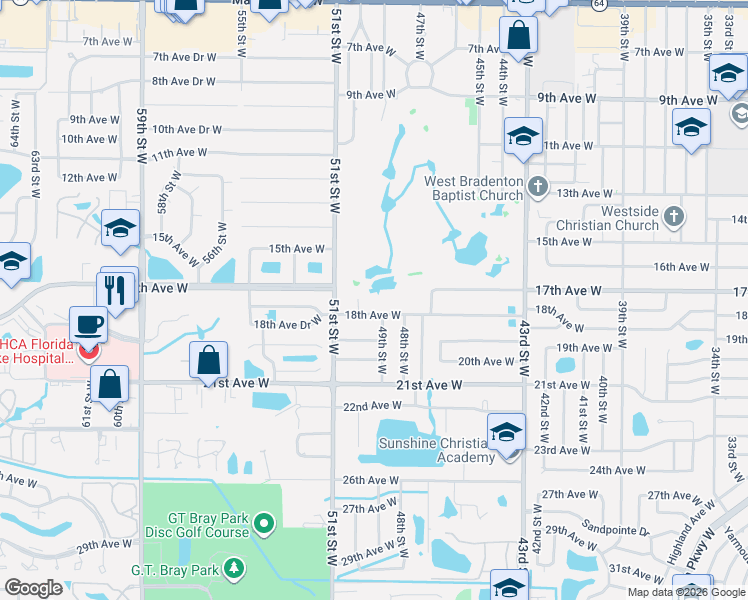 map of restaurants, bars, coffee shops, grocery stores, and more near 5060 18th Avenue West in Bradenton