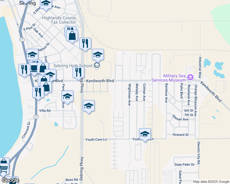 map of restaurants, bars, coffee shops, grocery stores, and more near Penny Avenue in Sebring