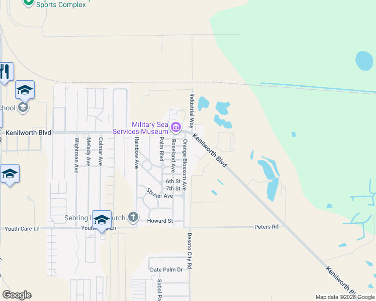 map of restaurants, bars, coffee shops, grocery stores, and more near 1512 Orange Blossom Avenue in Sebring