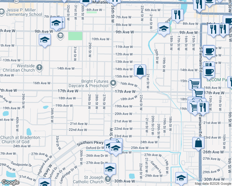 map of restaurants, bars, coffee shops, grocery stores, and more near 2519 17th Avenue West in Bradenton