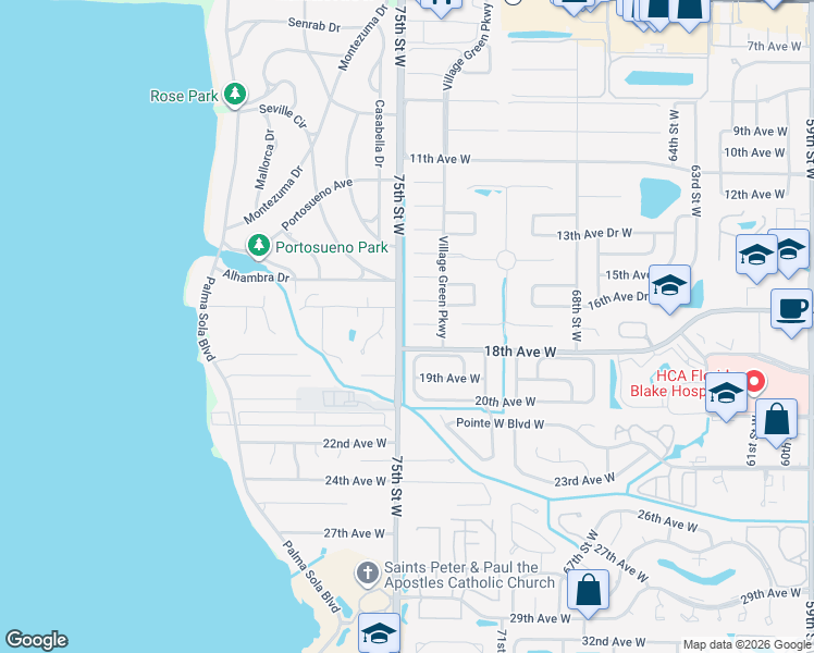map of restaurants, bars, coffee shops, grocery stores, and more near 7411 17th Avenue West in Bradenton