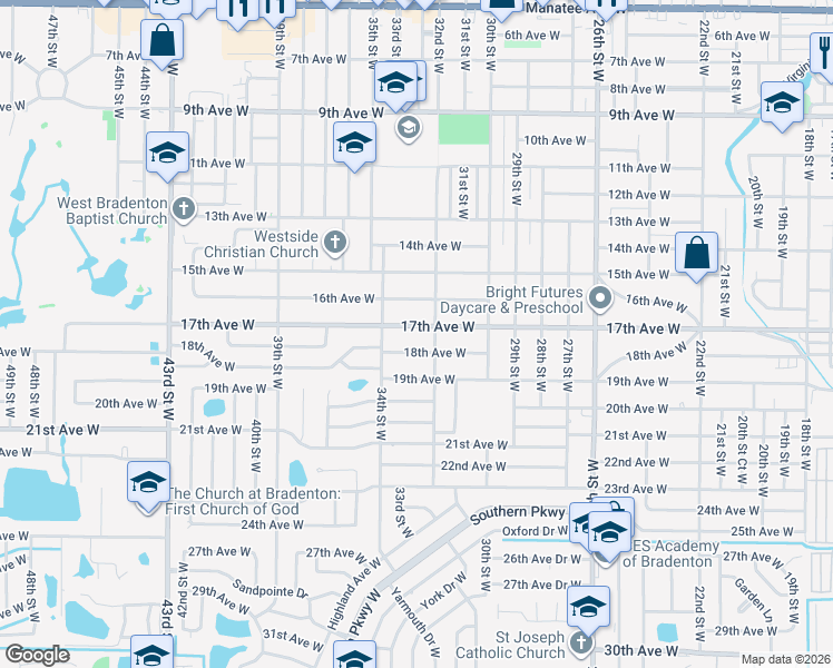 map of restaurants, bars, coffee shops, grocery stores, and more near 3209 17th Avenue West in Bradenton