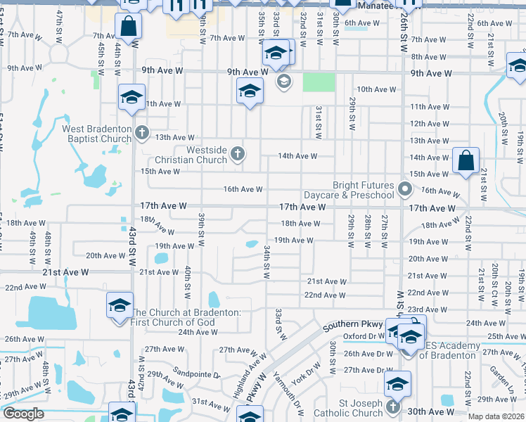 map of restaurants, bars, coffee shops, grocery stores, and more near 3401 17th Avenue West in Bradenton