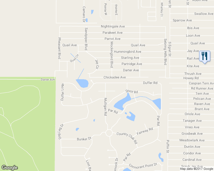 map of restaurants, bars, coffee shops, grocery stores, and more near 1406 Mulligan Road in Sebring