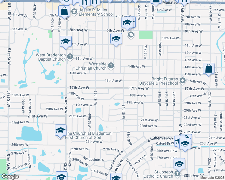 map of restaurants, bars, coffee shops, grocery stores, and more near 3509 17th Avenue West in Bradenton