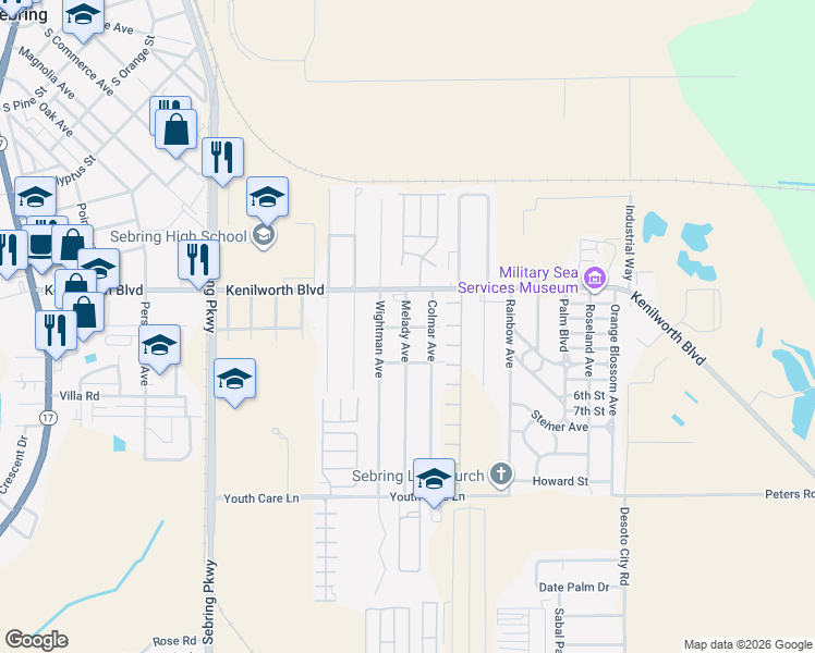 map of restaurants, bars, coffee shops, grocery stores, and more near 4009-4099 West Josephine Street in Sebring