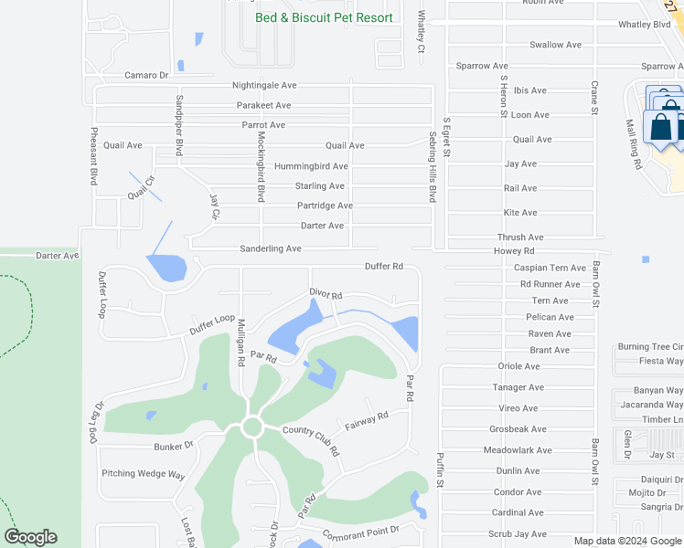 map of restaurants, bars, coffee shops, grocery stores, and more near 3303 Duffer Road in Sebring