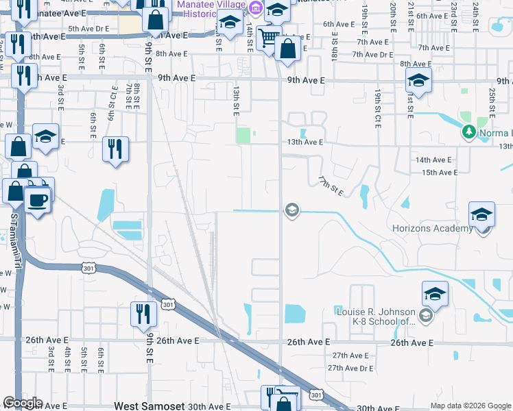 map of restaurants, bars, coffee shops, grocery stores, and more near 1621 14th Street East in Bradenton