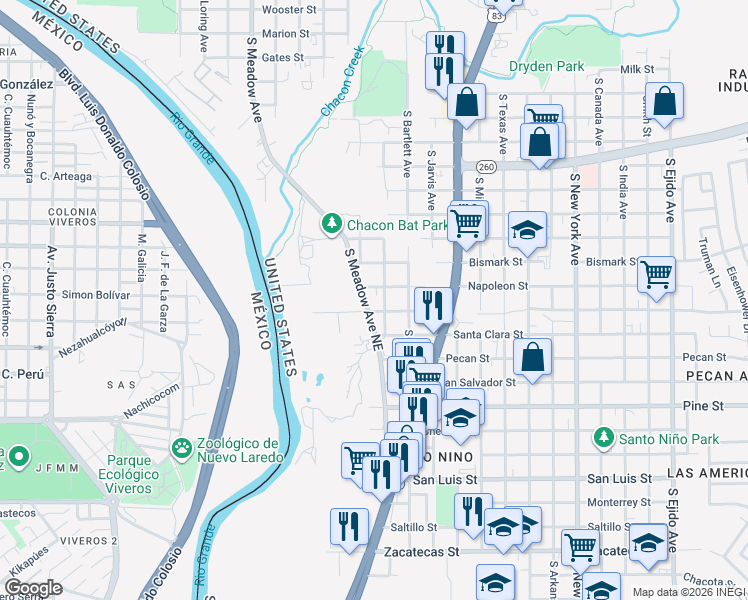 map of restaurants, bars, coffee shops, grocery stores, and more near 1407 South Meadow Avenue in Laredo