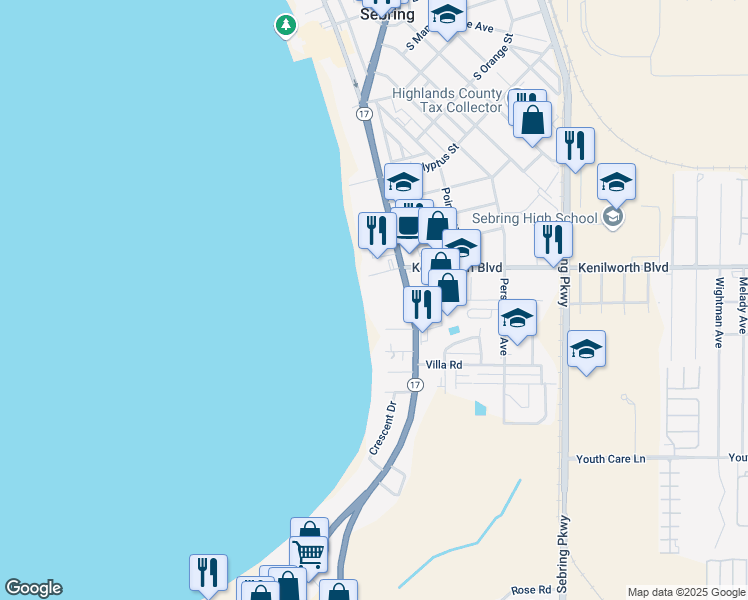 map of restaurants, bars, coffee shops, grocery stores, and more near 969 Lakeview Drive in Sebring