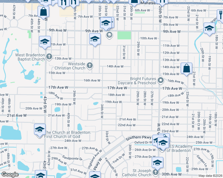map of restaurants, bars, coffee shops, grocery stores, and more near 3209 17th Avenue West in Bradenton