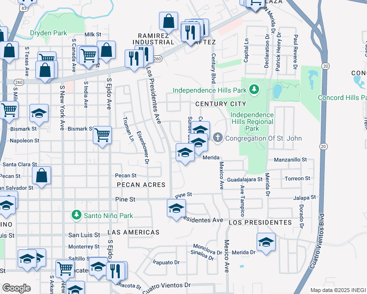 map of restaurants, bars, coffee shops, grocery stores, and more near 154 Kennedy Loop in Laredo