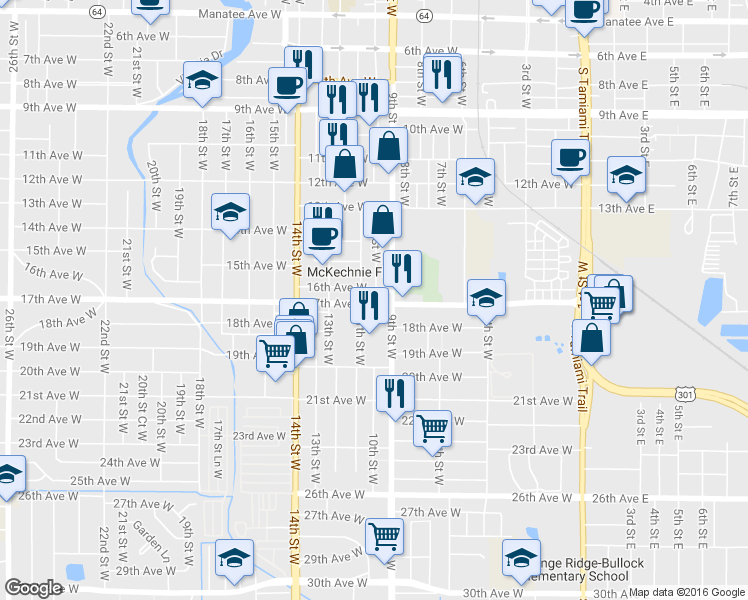 map of restaurants, bars, coffee shops, grocery stores, and more near 1004 17th Avenue West in Bradenton