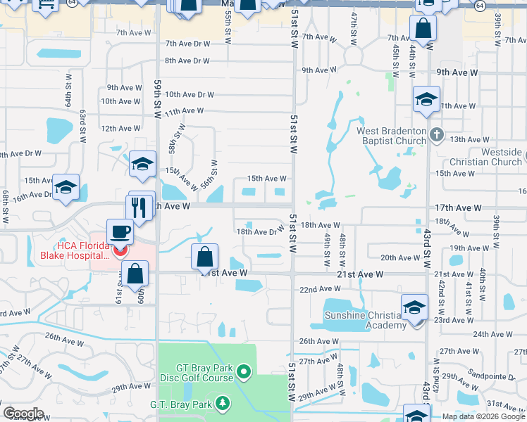 map of restaurants, bars, coffee shops, grocery stores, and more near 5212 18th Avenue West in Bradenton