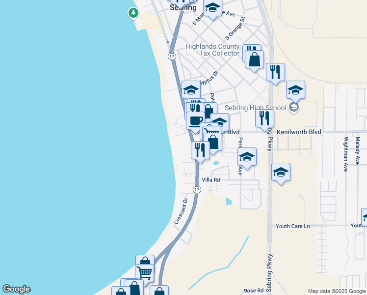 map of restaurants, bars, coffee shops, grocery stores, and more near 969 Lakeview Drive in Sebring