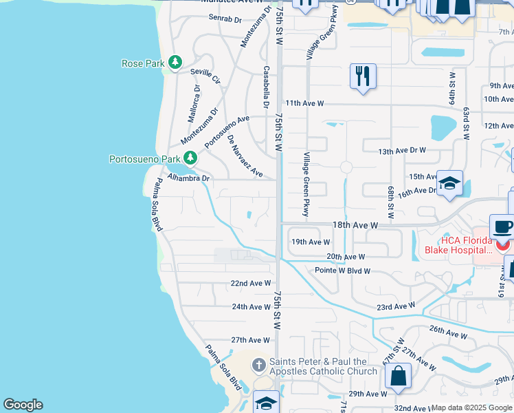 map of restaurants, bars, coffee shops, grocery stores, and more near 7611 17th Avenue West in Bradenton