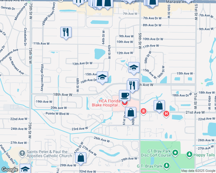 map of restaurants, bars, coffee shops, grocery stores, and more near 6271 17th Avenue West in Bradenton