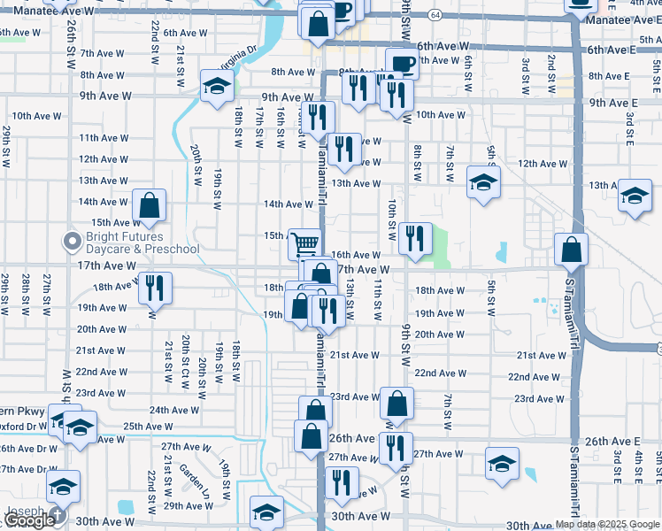 map of restaurants, bars, coffee shops, grocery stores, and more near 1324 17th Avenue West in Bradenton