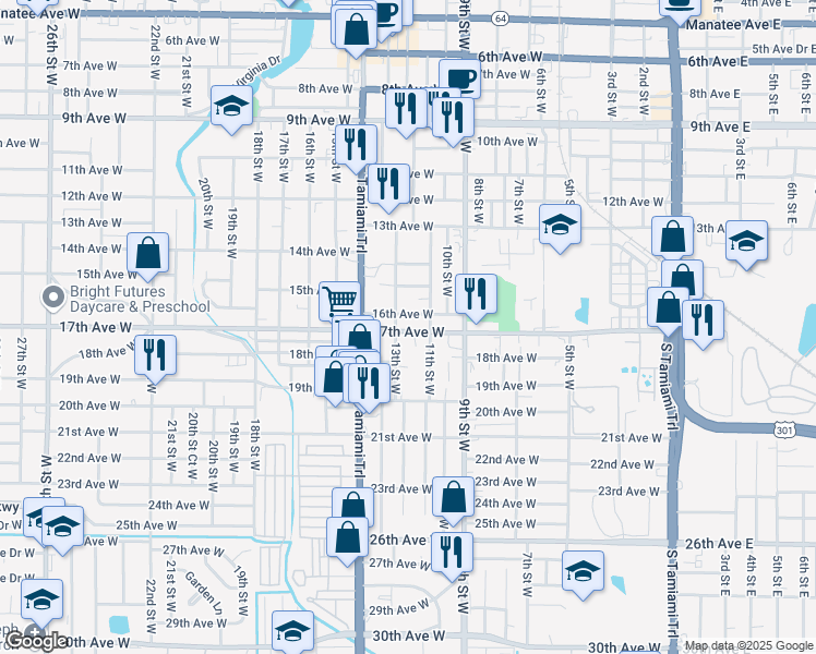 map of restaurants, bars, coffee shops, grocery stores, and more near 1204 17th Avenue West in Bradenton