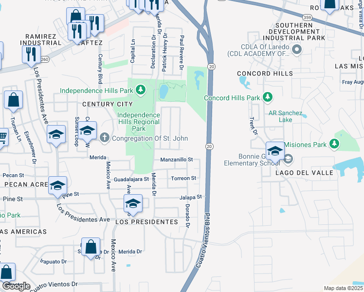 map of restaurants, bars, coffee shops, grocery stores, and more near 4429 Lyman Hall Drive in Laredo