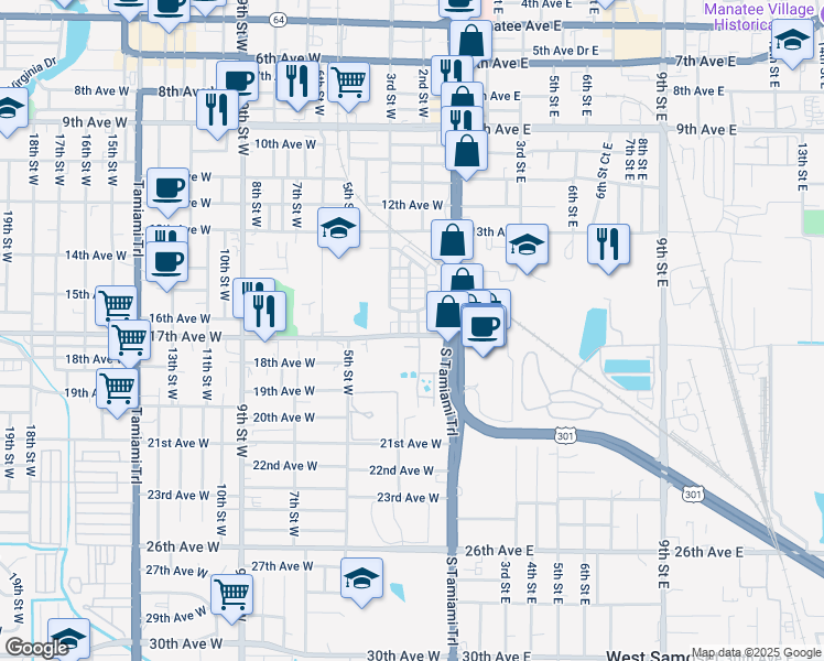map of restaurants, bars, coffee shops, grocery stores, and more near 1636 2nd Street West in Bradenton