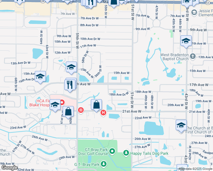 map of restaurants, bars, coffee shops, grocery stores, and more near 1704 54th Street Court West in Bradenton