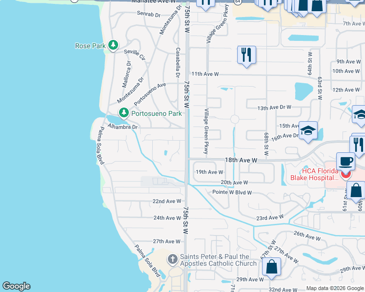 map of restaurants, bars, coffee shops, grocery stores, and more near 7411 17th Avenue West in Bradenton
