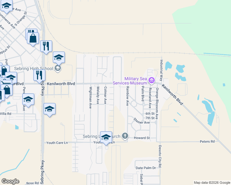 map of restaurants, bars, coffee shops, grocery stores, and more near 1435 Beverly Avenue in Sebring