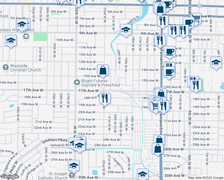 map of restaurants, bars, coffee shops, grocery stores, and more near 1655 21st Street West in Bradenton