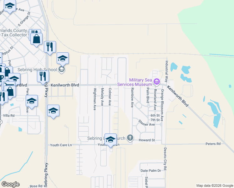 map of restaurants, bars, coffee shops, grocery stores, and more near 1500 Colmar Avenue in Sebring