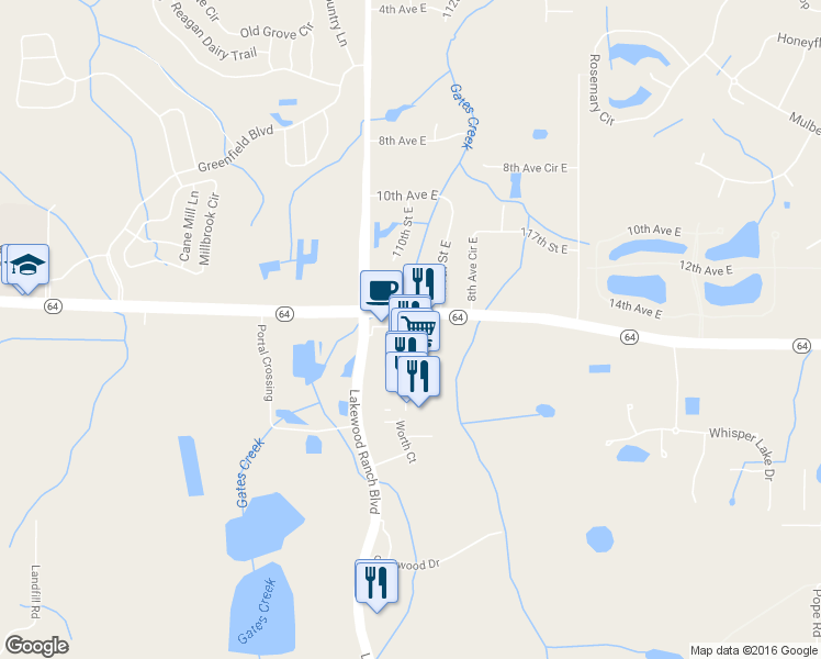 map of restaurants, bars, coffee shops, grocery stores, and more near 1615 Lakewood Ranch Boulevard in Bradenton