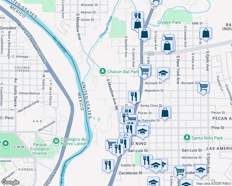 map of restaurants, bars, coffee shops, grocery stores, and more near 1407 South Meadow Avenue in Laredo