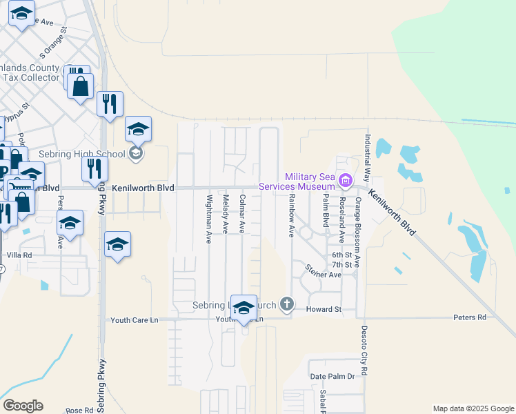 map of restaurants, bars, coffee shops, grocery stores, and more near 1500 Colmar Avenue in Sebring
