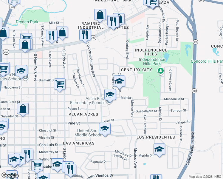 map of restaurants, bars, coffee shops, grocery stores, and more near 154 Kennedy Loop in Laredo