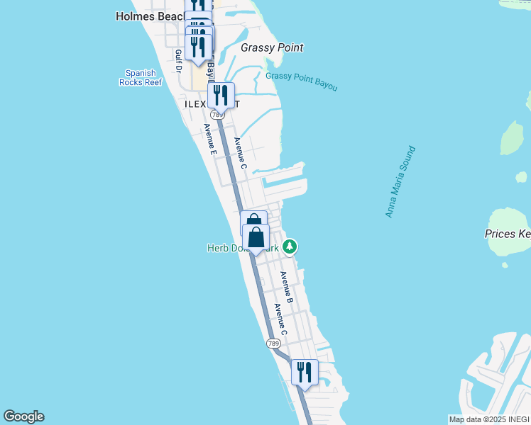 map of restaurants, bars, coffee shops, grocery stores, and more near 2601 Gulf Drive North in Bradenton Beach