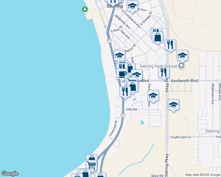 map of restaurants, bars, coffee shops, grocery stores, and more near 2605 Kenilworth Blvd in Sebring