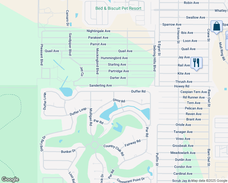 map of restaurants, bars, coffee shops, grocery stores, and more near Duffer Ln in Sebring