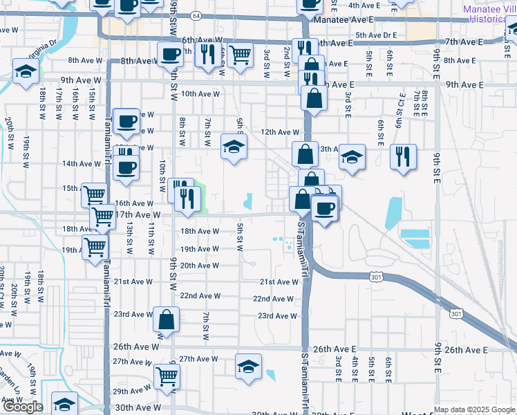 map of restaurants, bars, coffee shops, grocery stores, and more near 310 17th Avenue West in Bradenton
