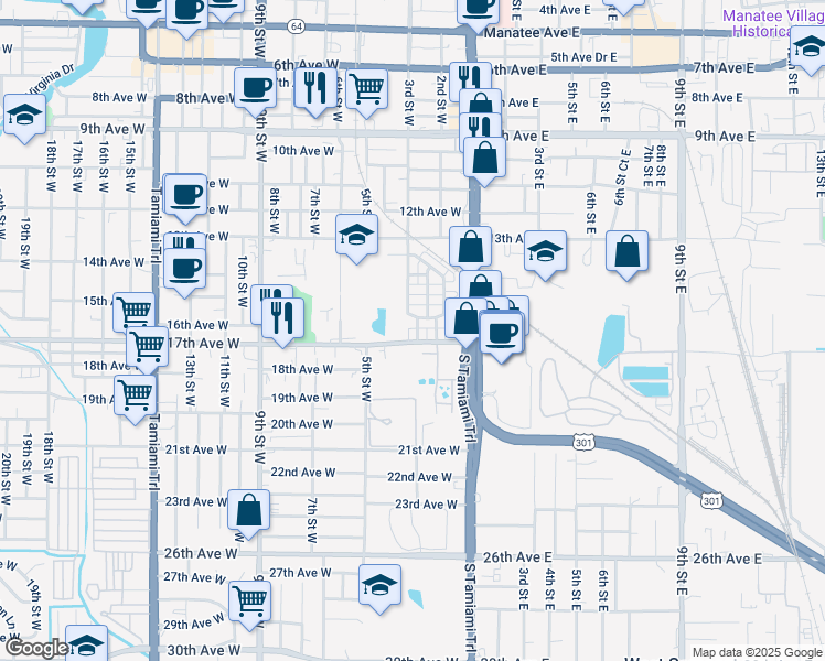 map of restaurants, bars, coffee shops, grocery stores, and more near 310 17th Avenue West in Bradenton