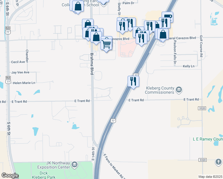 map of restaurants, bars, coffee shops, grocery stores, and more near 3400 Brahma Boulevard in Kingsville