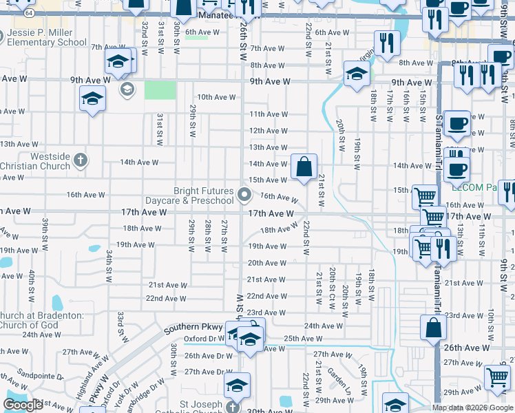 map of restaurants, bars, coffee shops, grocery stores, and more near 2519 17th Avenue West in Bradenton