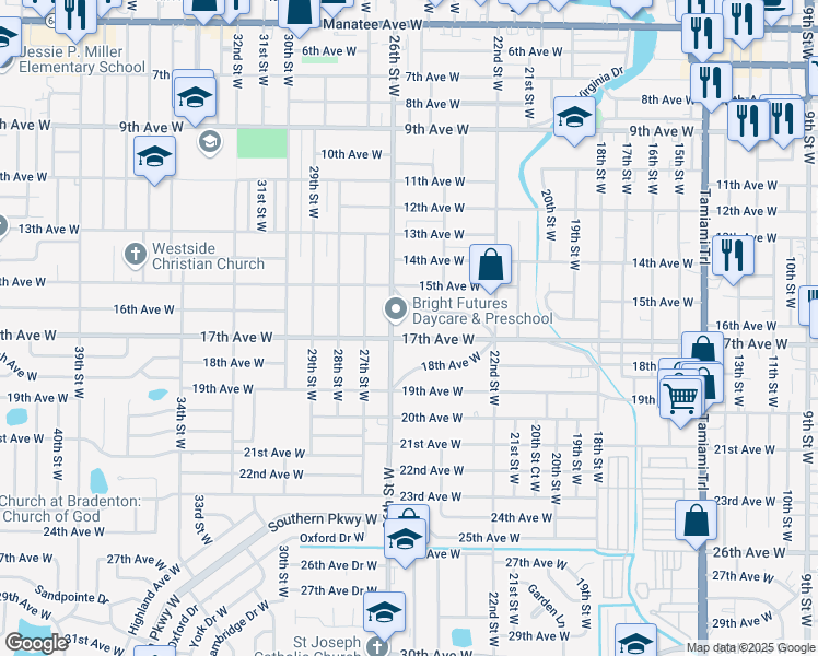 map of restaurants, bars, coffee shops, grocery stores, and more near 2519 17th Avenue West in Bradenton